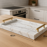 Bandeja Decorativa Mármore Branco com Alças Douradas 40x25cm