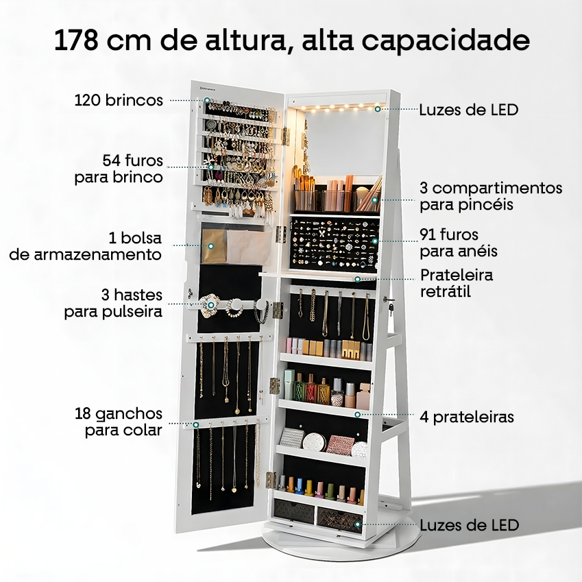 Espelho Porta Joias 360° com Organizador Interno