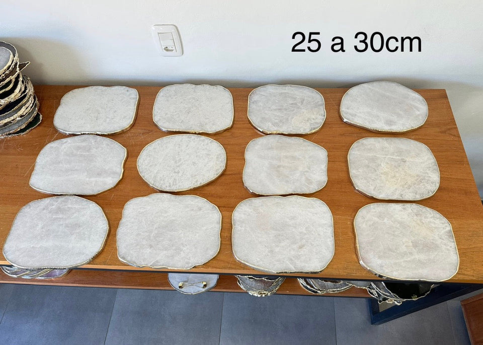 Bandeja Ágata Branca/Cristal com Acabamento Dourado - 25 a 30cm